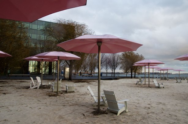 Sugar beach with its white chairs and pink umbrellas, with a four storey building behind as well as some willow trees