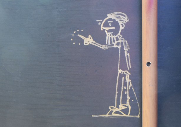 graffiti, white stick drawing of a man with a beard pointing his finger, or giving someone the finger, hard to tell 