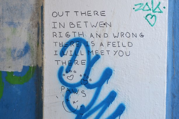 words written in black marker on a white space on a wall covered with graffiti, "Out there in between right and wrong there is a field I will meet you there, Paws"