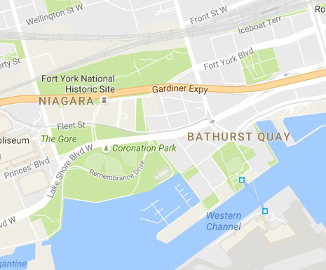 present day map taken from google maps of Coronation Park and Bathurst Quay including Fort York 