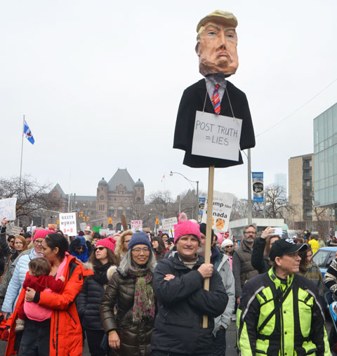 a person holds an effigy of Donald Trump on a stick up in the air diring the Womens March down University Ave., 