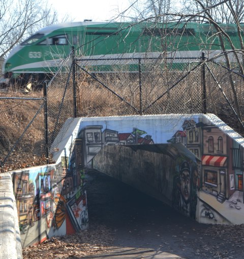 a green and white GO train passes over a tunnel that provides access between two neighbourhoods. The tunnel has been completely covered by a mural by elicser that shows people going about their everyday outdoor activities