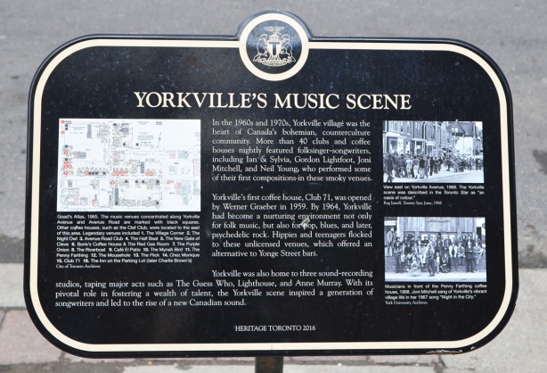 plaque to Yorkvilles music scene, Heritage Toronto black and white plaque, from 2016 