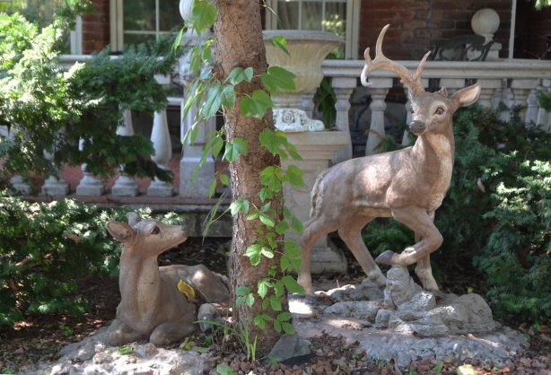 two statues of small deer in the front yard of a house, one is lying down and looking at the other who is standing nearby, both are in the shade of a large tree