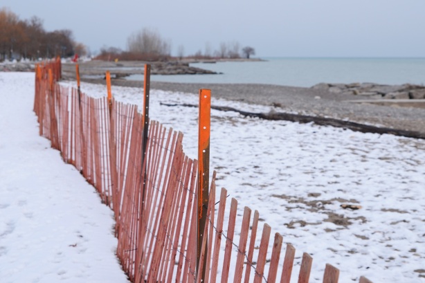 long snow fence running parallel to the shore at Woodbine beach in December, some snow, no people