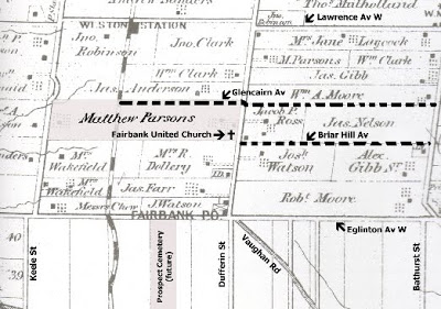 old map showing location of Dufferin Ave, Glencairn, Briar Hill, and other streets in relation to original land owners in the area 