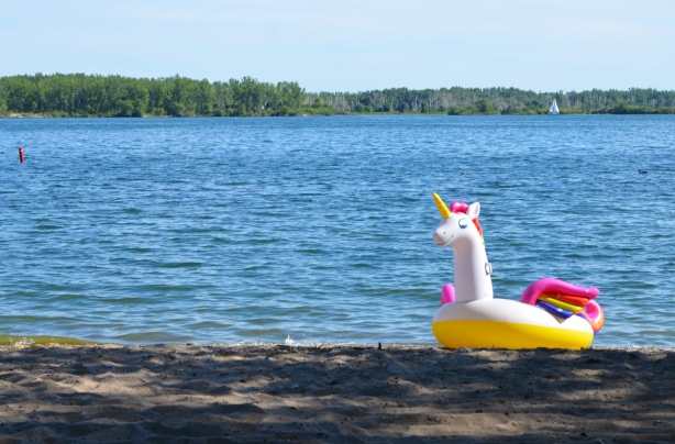 a verylarge inflatable white unicorn with pink and yellow mane and tail, floatie, on the beach with Lake Ontario behind it 
