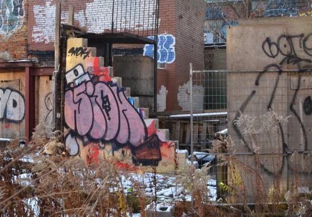 partially demolished house in an otherwise vacant lot, behind fence, staircase with wall and ceiling gone, graffiti on it, 