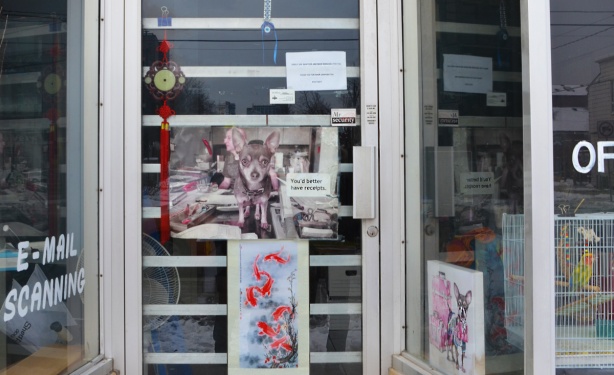 glass door and windows of storefront with signs and pictures. picture of a small dog, 