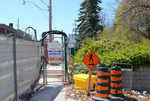 Pedestrian detour for crosstown subway and l r t construction, orange sign with arrow pointing right, leading pedestrians through the park