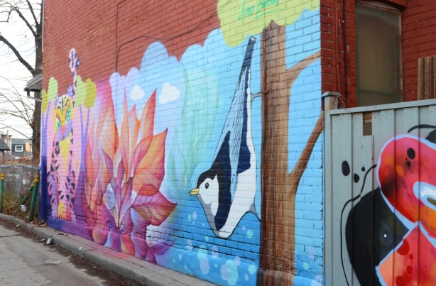 mural in a lane, nuthatch, flowers by Bacon, and a bright cat by June Kim