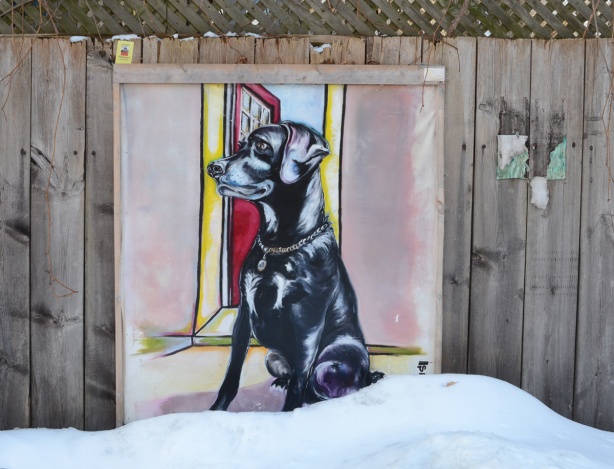 Craven Road art on a wood fence, a black dog portrait, with snow in front