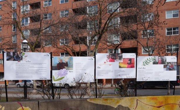 four large poster boards on display in a park with a red brick apartment building behind