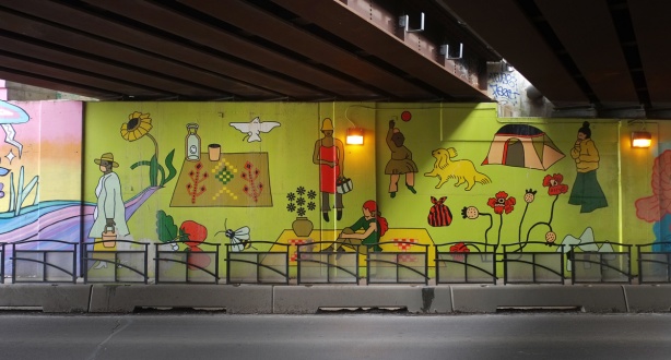 stylized people on light green background, scenes, in a mural under a railway bridge, 