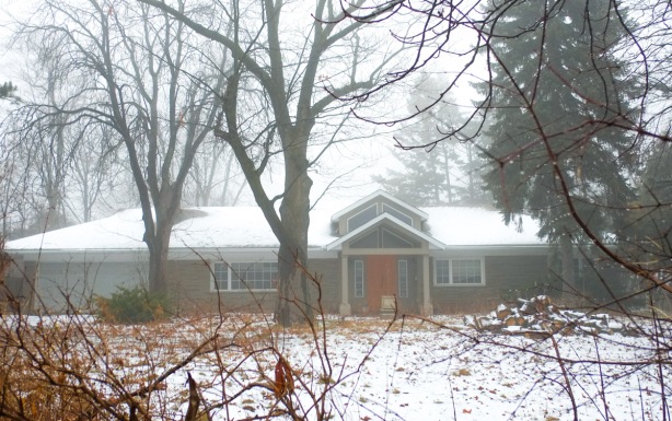 a bungalow behind trees, some snow, empty house waiting to be demolished