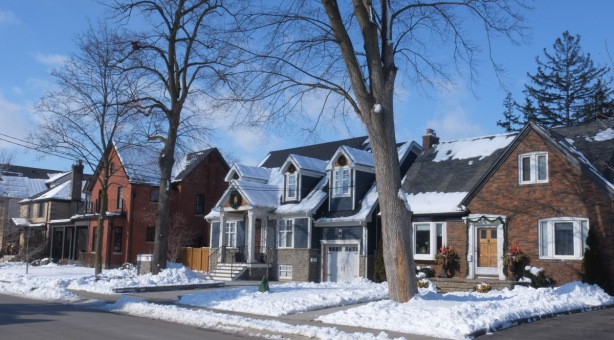single family houses, winter scene, large trees, Weston