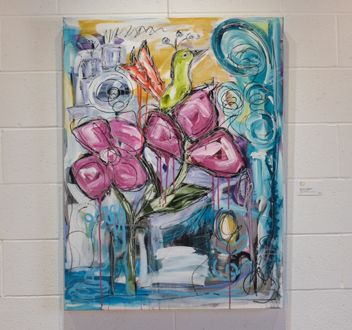 paintings on gallery wall, riverdale Hub, by Karen Couillard, pink abstract flowers in a vase, a greenish yellow bird sits on one of them, 