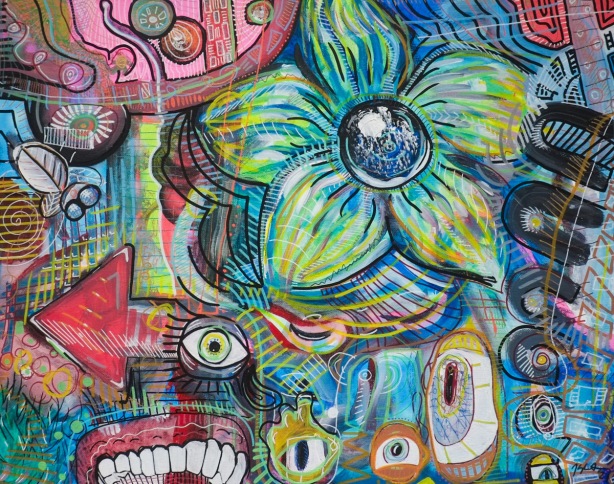 painting by Kyla Yager hanging on a gallery wall, abstract, a green flower, some eyes, a mouth full of teeth, a red arrow, other shapes and colours