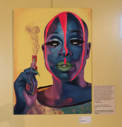 paintings on gallery wall, riverdale Hub, blad black man in drag, painted by Marina Doukas, green lipstick, holding a smoking gun (not real), pink stripe down middle of face, 