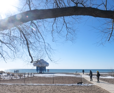 woodbine beach by Lake Ontario on a sunny wintery march morning, with art installation, part of winter stations, nimbus, designed by david stein, people walking on beach, large tree