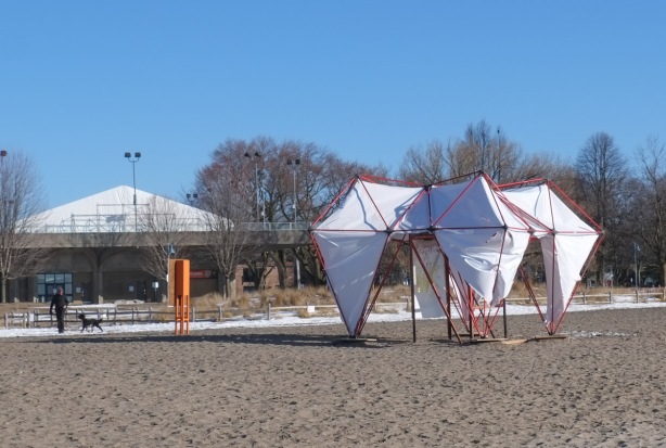 nova art installation, winter stations 2024, woodbine beach, white fabric over red triangles shapes made by metal bars