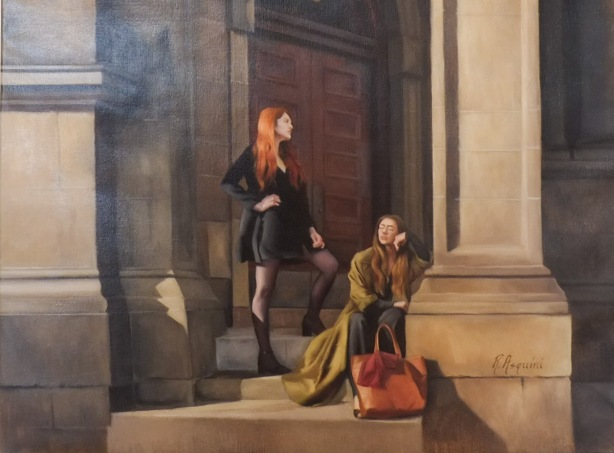 paintings on gallery wall, riverdale Hub, by Robyn Asquini, realistic painting of two women on steps of a stone building, one with very red hair who is standing, the other woman is sitting with a large brown hand bag