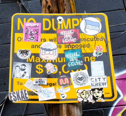black and yellow city street sign saying no dumping,with many graffiti stickers on it 