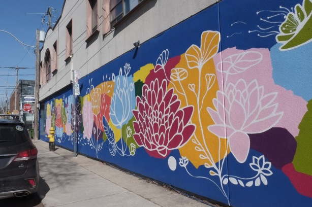 mural of white line drawings of flowers, on bright coloured backgrounds so it looks like bold coloured flowers, reds, blues, oranges, all on a royal blue background, mural