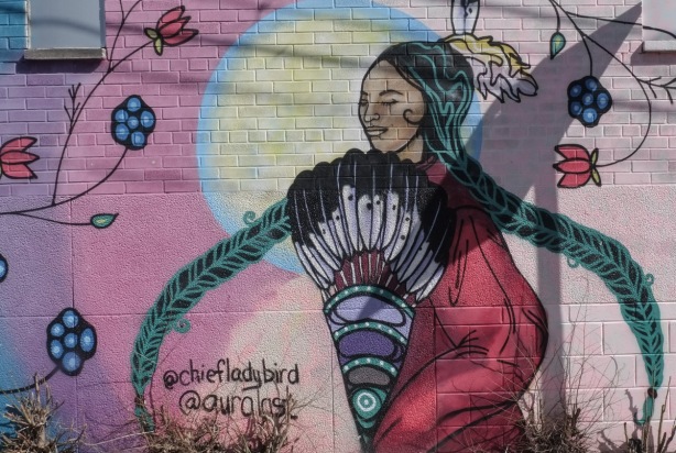 woman with feather in her hair, by chief lady bird, mural street art