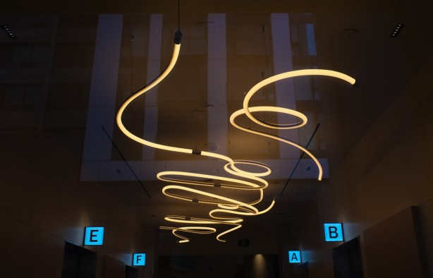 squiggly LED ceiling lights at Sick kids