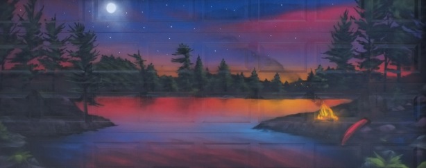 painting on a garage door, campfire on a granite outcropping beside a lake with pine trees around it, at sunset, sky in reds, oranges, and purples
