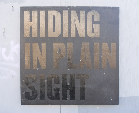 graffiti signs by Nigel Smith, with words that say Hiding in plain sight