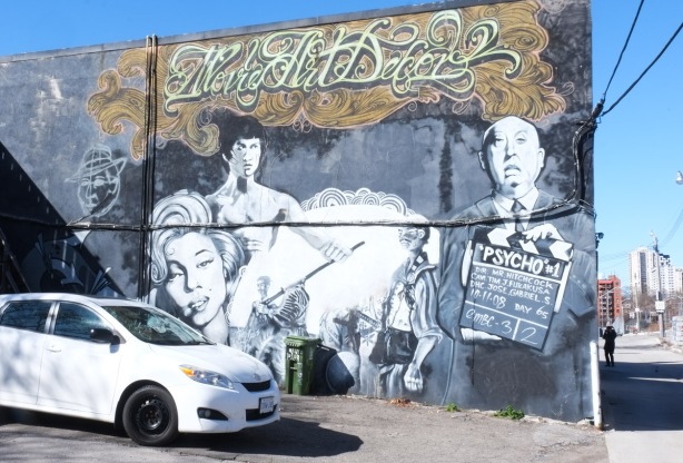 movie art decor mural in black and white with Alfred Hitchcock and Bruce Lee 
