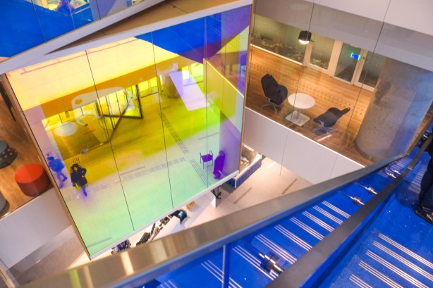 coloured lights, glass walls, stairs, atrium of Sick kids