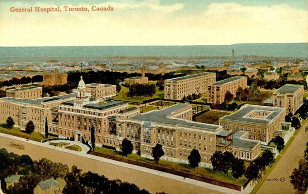 1923 colour postcard of Toronto General Hospital, a brick building on College Street